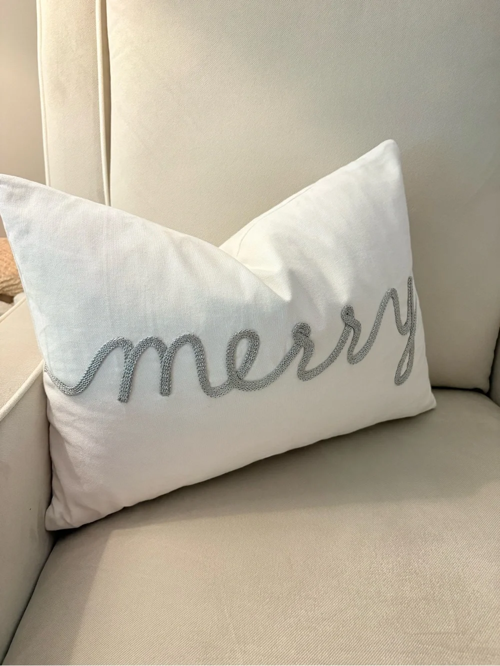 Merry Embroidered Holiday Lumbar Pillow - White